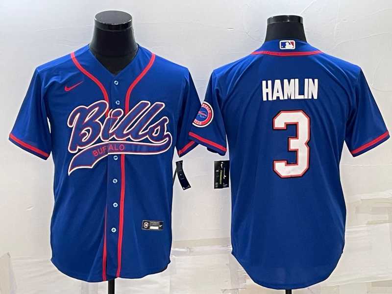 Men%27s Buffalo Bills #3 Damar Hamlin Blue With Patch Cool Base Stitched Baseball Jersey